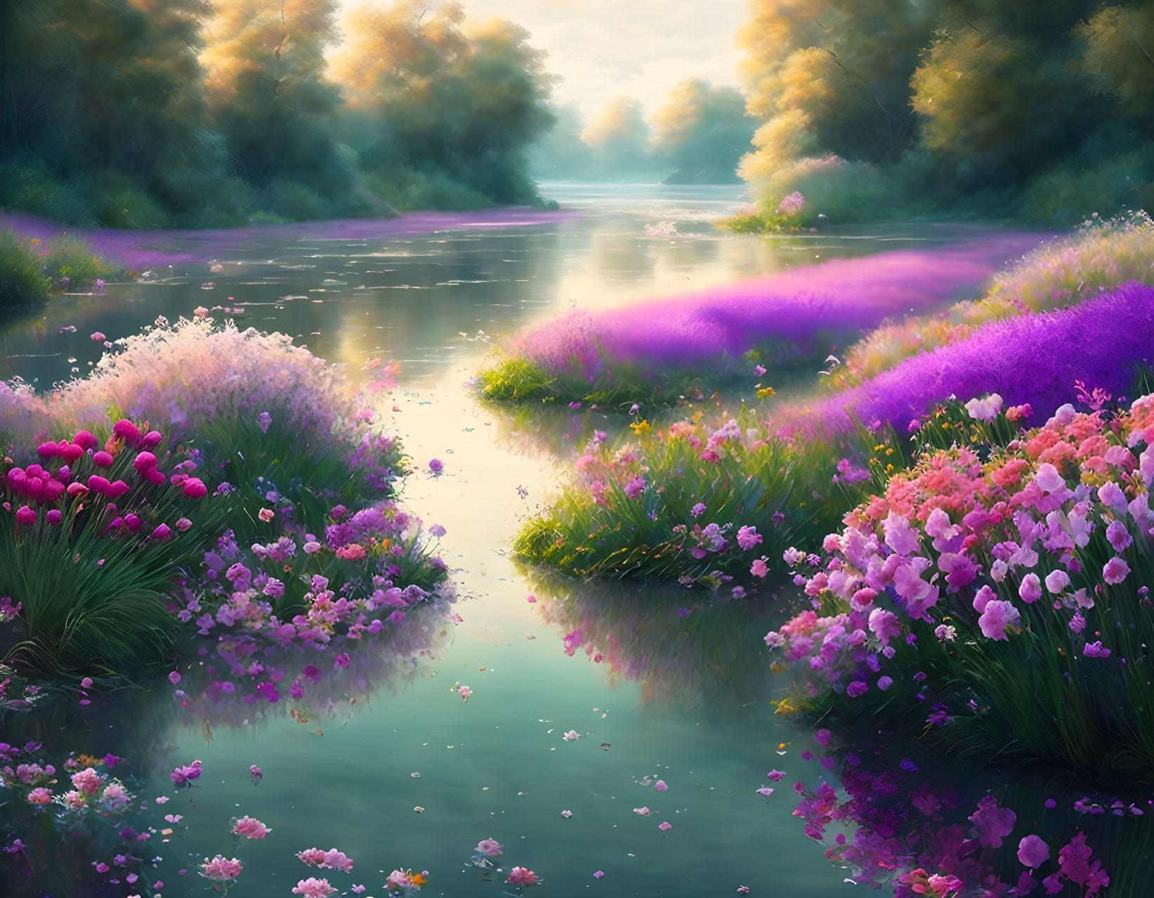 Tranquil river landscape with lush greenery and colorful flowers