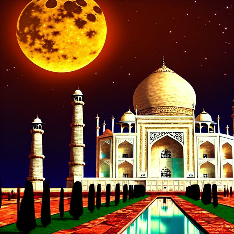 Digital art: Taj Mahal night scene with oversized moon and starry sky