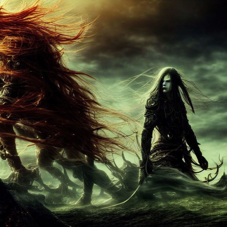 Dark armored figure with long black hair in fantasy scene under turbulent sky with fiery-red entity.