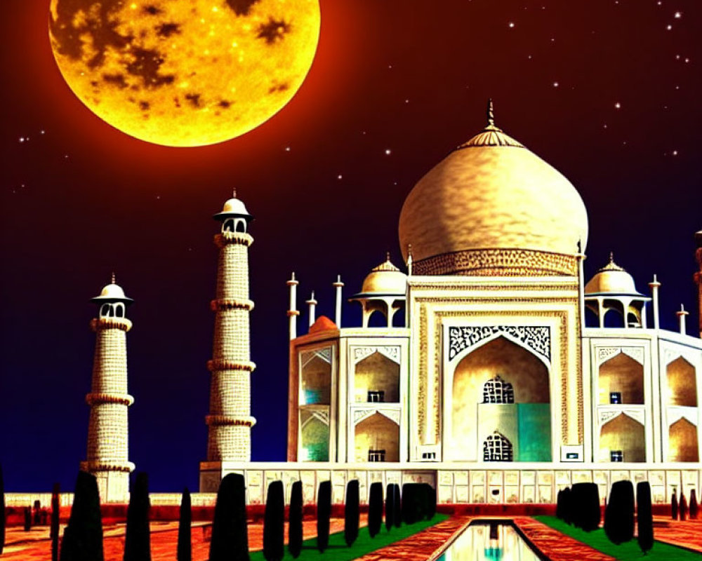 Digital art: Taj Mahal night scene with oversized moon and starry sky