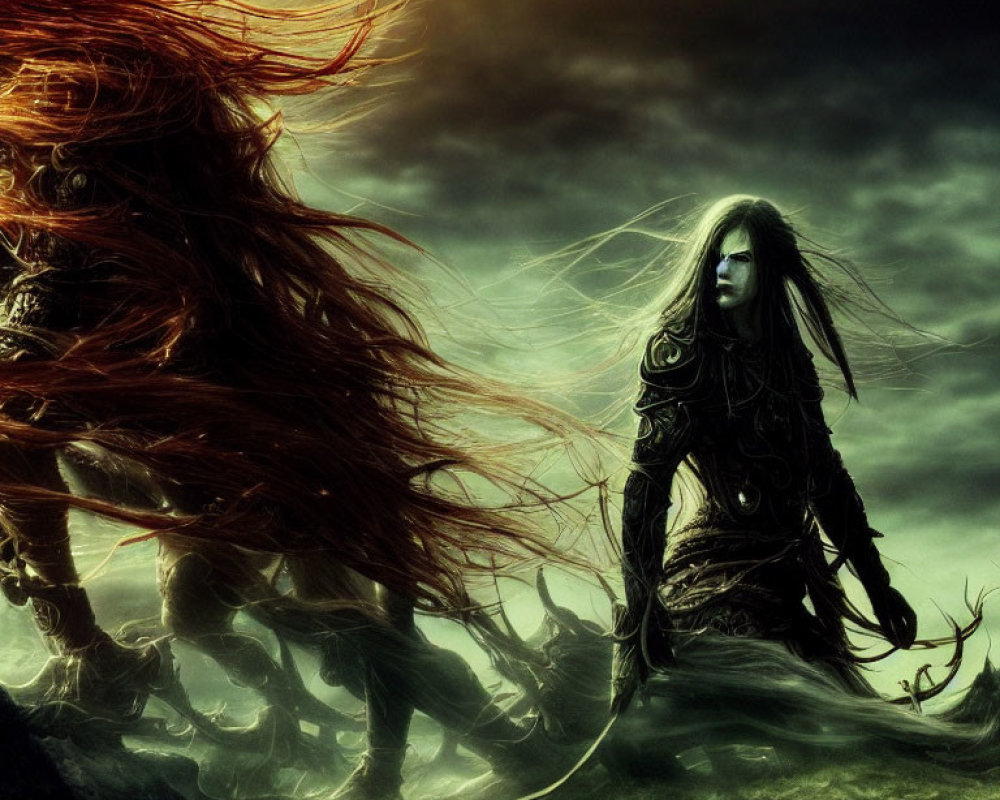 Dark armored figure with long black hair in fantasy scene under turbulent sky with fiery-red entity.