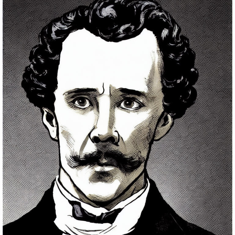 Monochrome illustration of a man with mustache, intense gaze, curly hair, and stiff collar