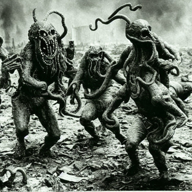 Menacing tentacled creatures in war-torn landscape