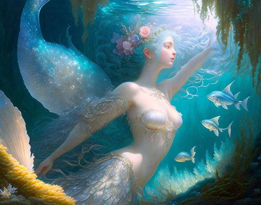 Shimmering mermaid with floral adornments in underwater scene