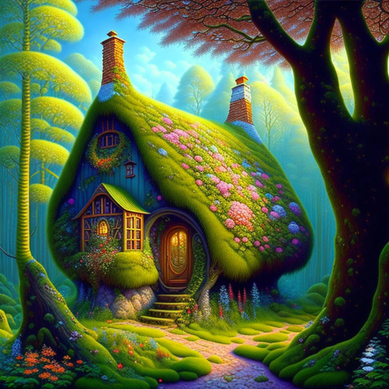 Enchanted forest cottage with moss-covered roof and vibrant flowers