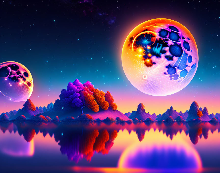 Colorful Trees, Mountains, and Glowing Orbs in Surreal Digital Landscape