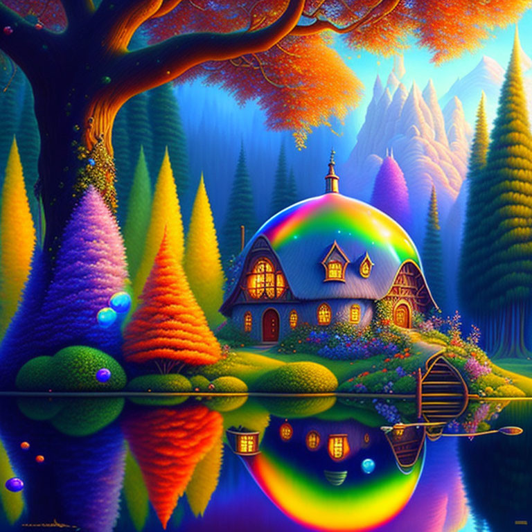 Vibrant landscape with fantasy cottage and reflective water