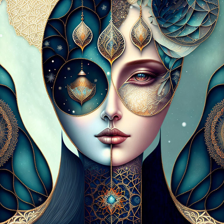 Cosmic-themed digital artwork of woman's face with day-night split design