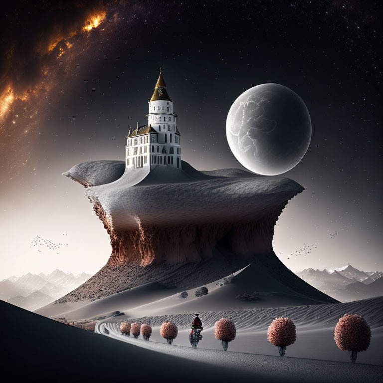 Fantastical castle on floating rock with moon, cyclist in desert, pink trees, starry sky