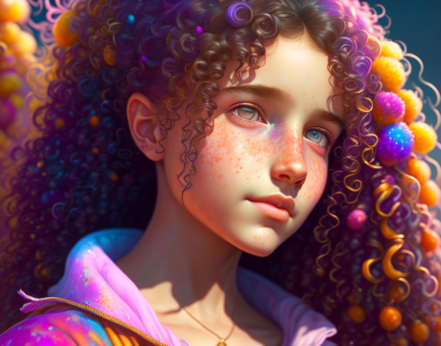 Colorful spheres adorn curly-haired girl in digital portrait