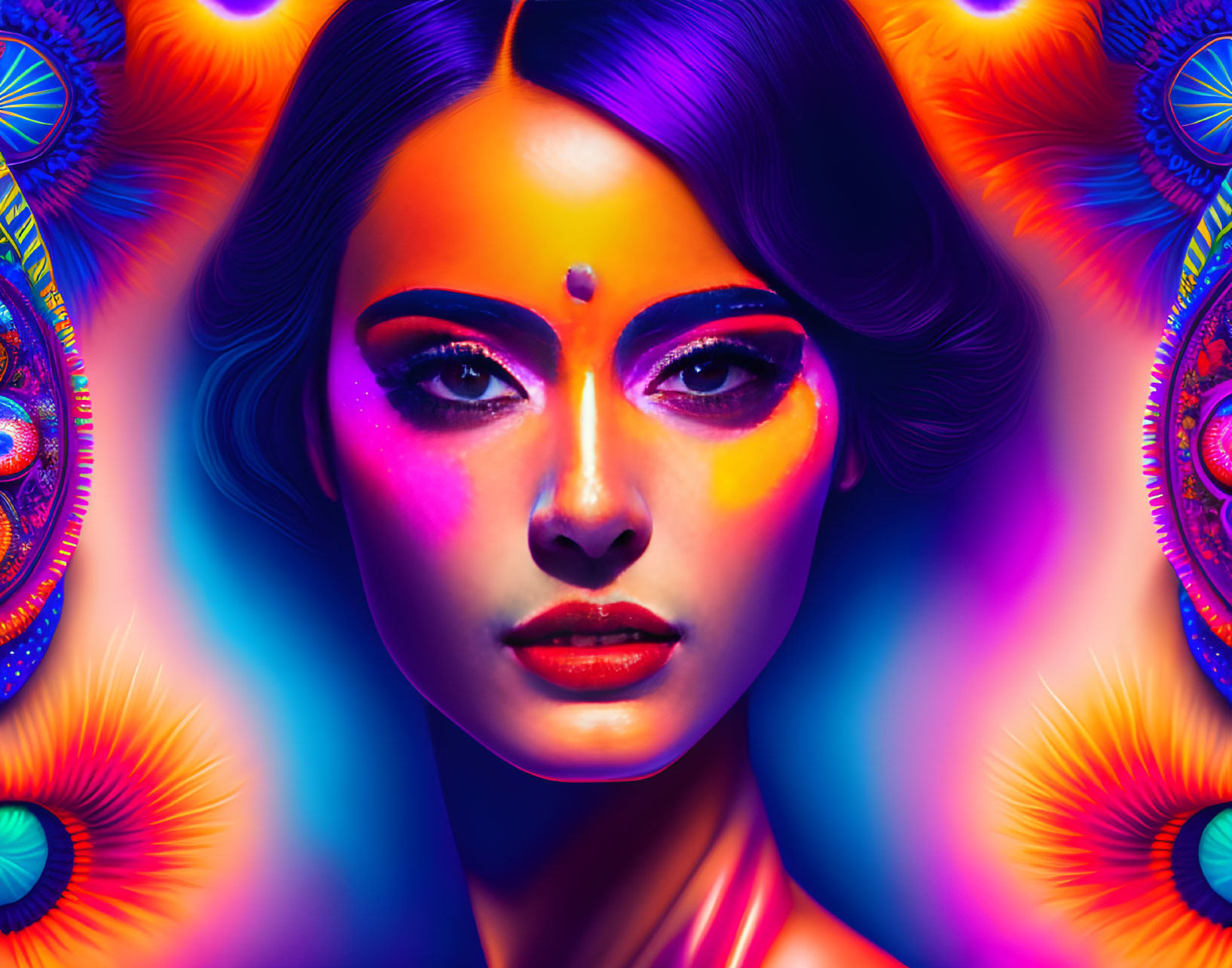 Colorful digital artwork: Woman with striking features on vibrant mandala background