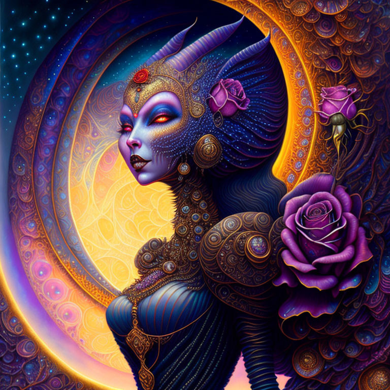 Vibrant digital artwork: fantastical female figure, intricate patterns, cosmic background, rose.