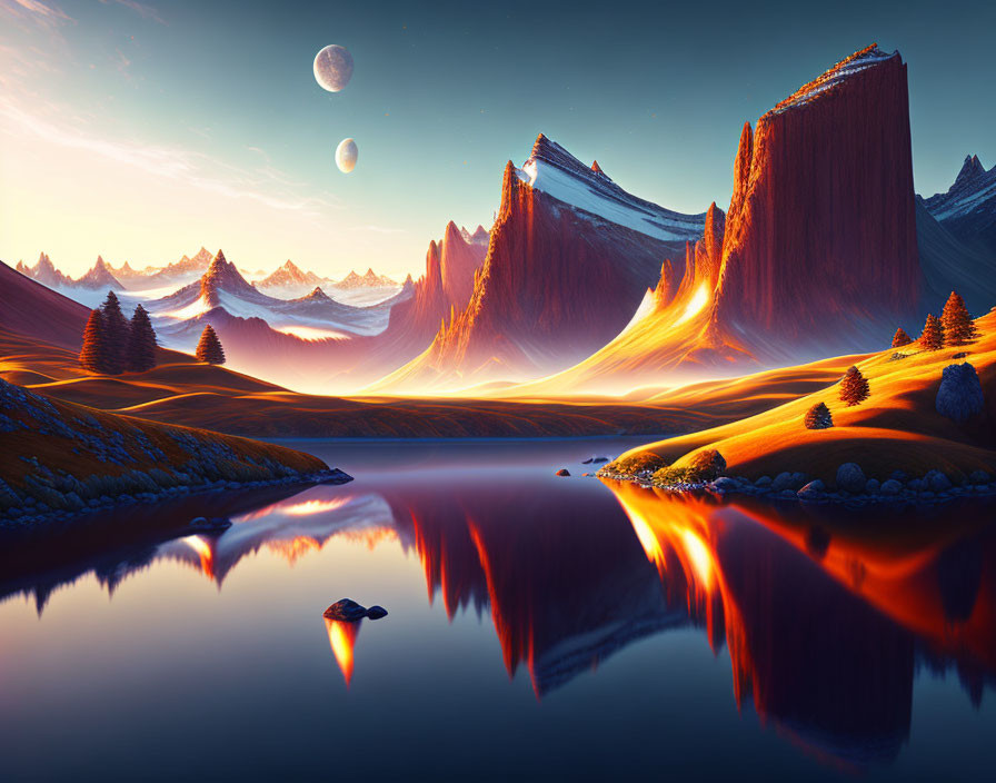 Majestic sunset over cliffs, lake, trees, and planets in sky