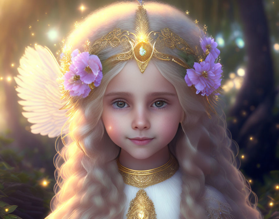 Young angelic girl with wings in magical forest setting