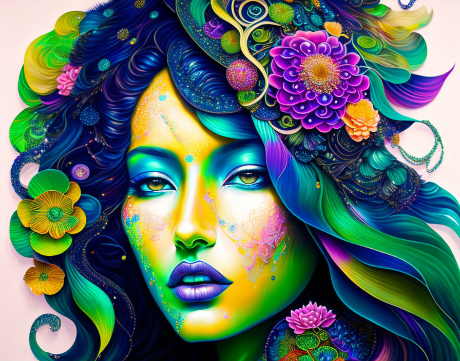 Colorful artwork of a woman with flora-infused hair and intricate patterns.