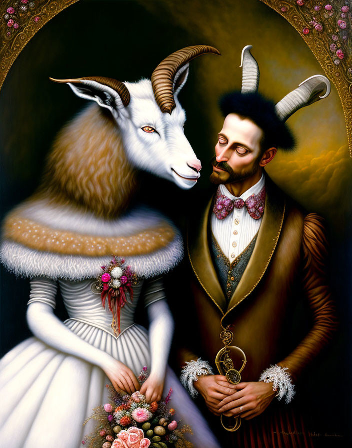 Surreal painting of goat-headed woman and man with stag antlers