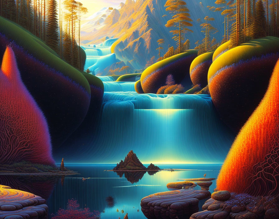 Fantasy landscape digital art: glowing waterfalls, colorful trees, mountainous backdrop, tranquil lake