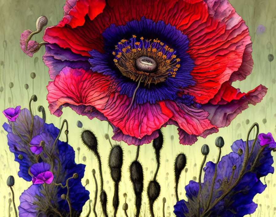 Colorful Digital Artwork: Red Poppy with Purple Flowers