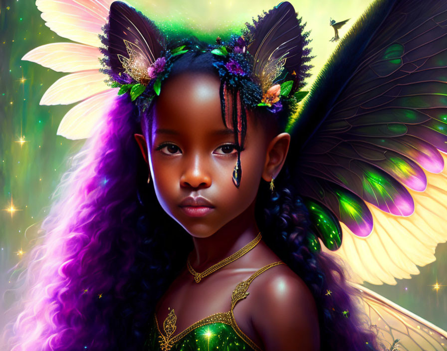 Dark-skinned girl with purple hair, adorned with floral elements and butterfly wings