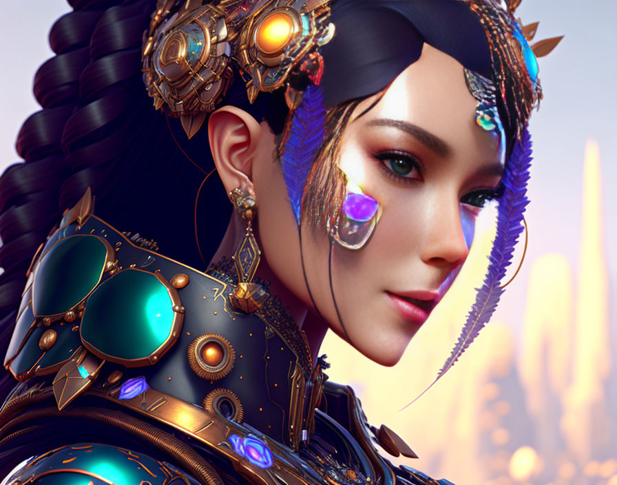 Detailed futuristic armor digital portrait of a woman with glowing elements and intricate designs against cityscape.