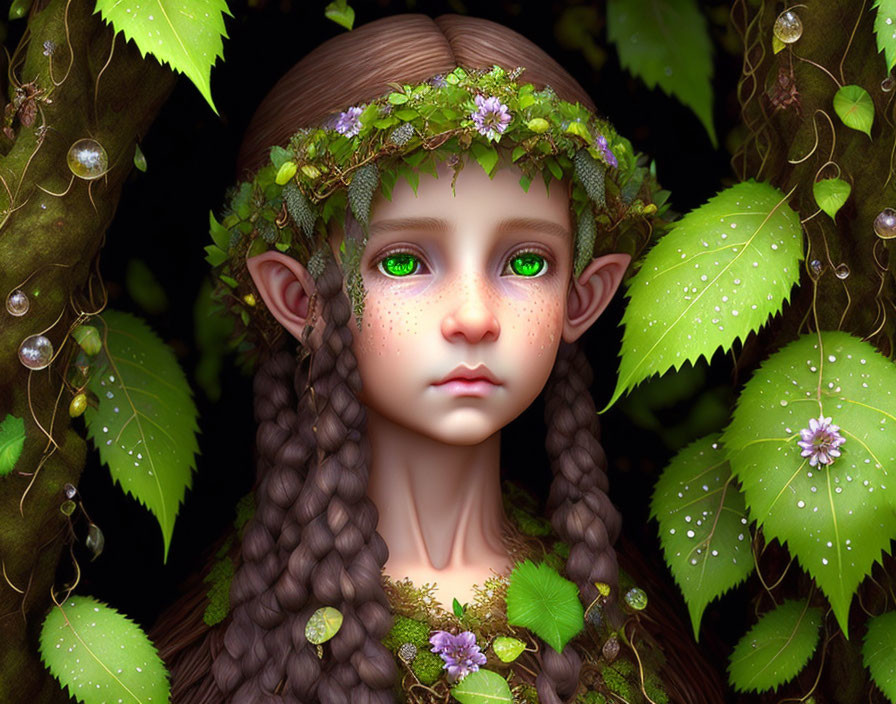 Child-like fantasy creature with pointed ears and green eyes in lush greenery