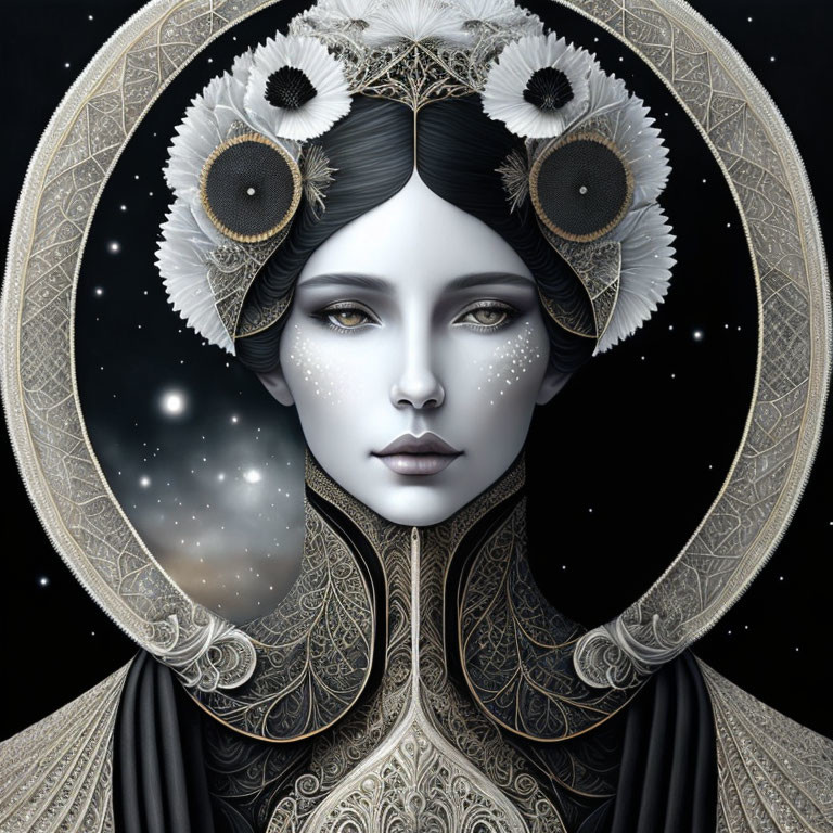 Illustration: Woman with pale skin and dark hair in decorative headdress, celestial halo, starry