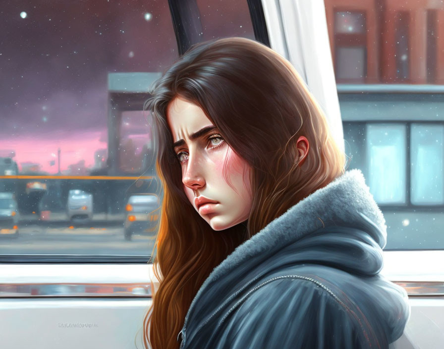 Digital painting of young woman with long brown hair gazing out window at cityscape sunset