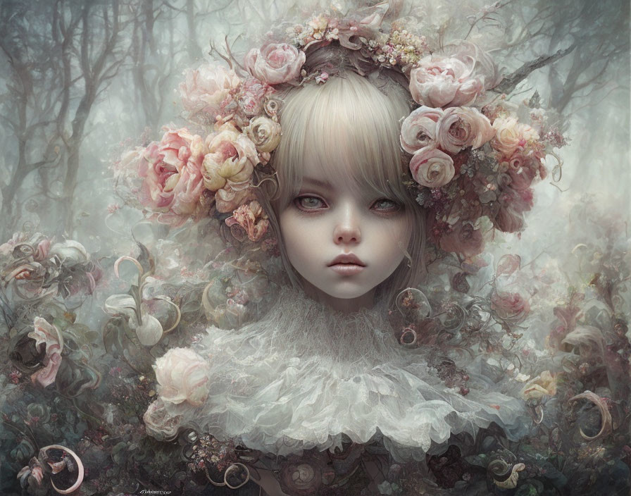 Surreal portrait of girl with floral wreath in misty, flower-filled setting