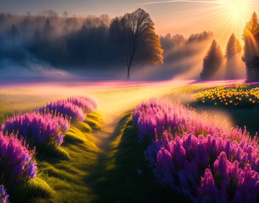 Vibrant purple flowers under radiant sunrise in misty landscape