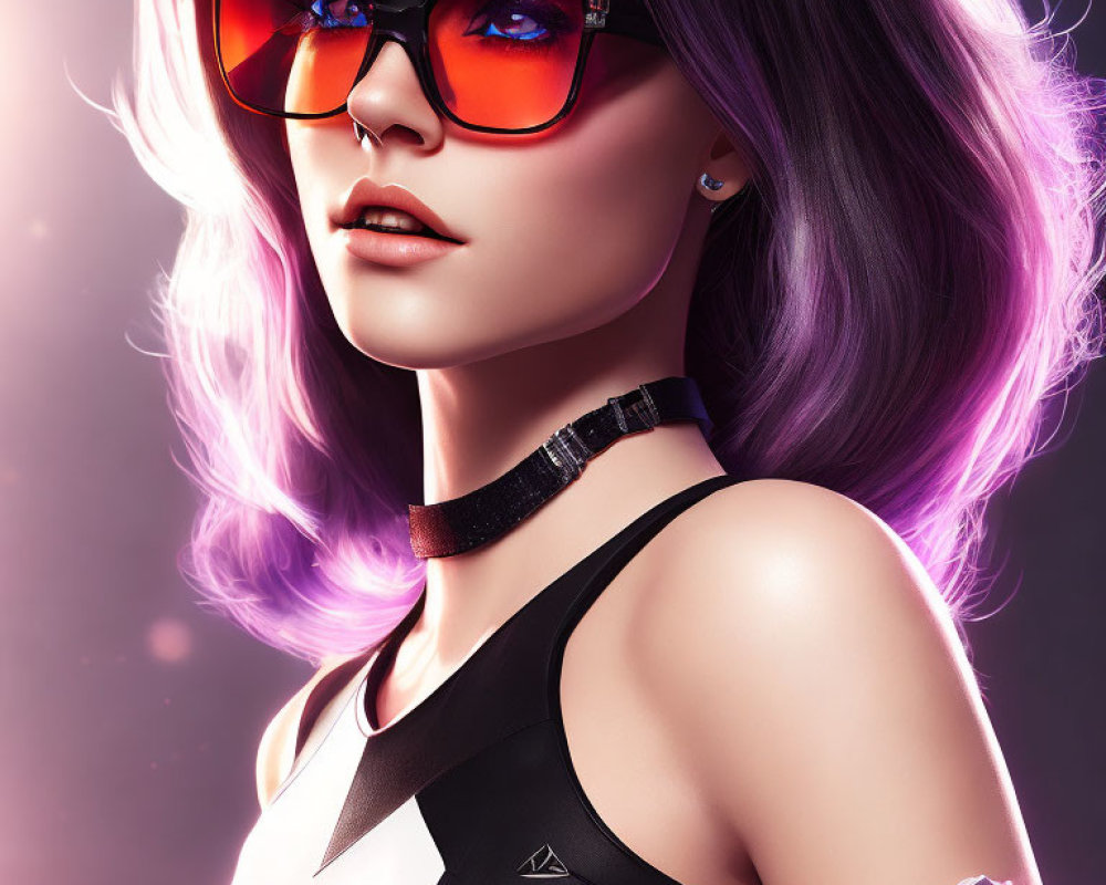 Stylized image: Woman with purple hair, red sunglasses, black outfit, choker, pink