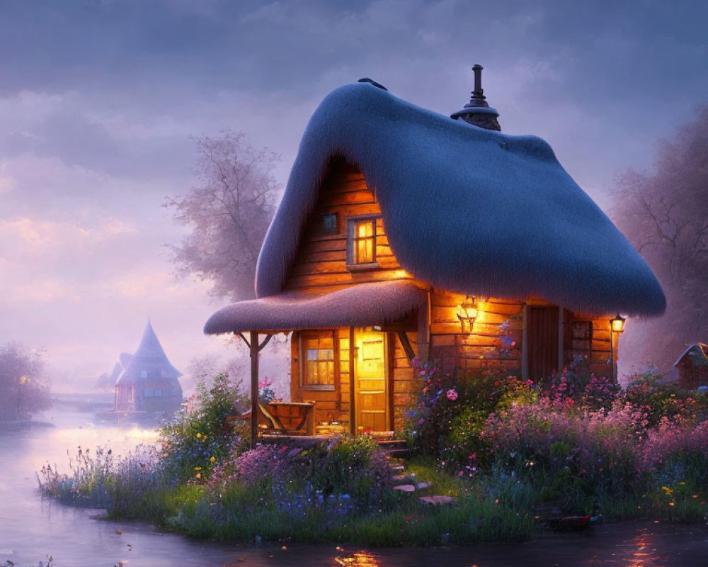 Thatched-Roof Cottage by River at Twilight with Warm Glowing Lights