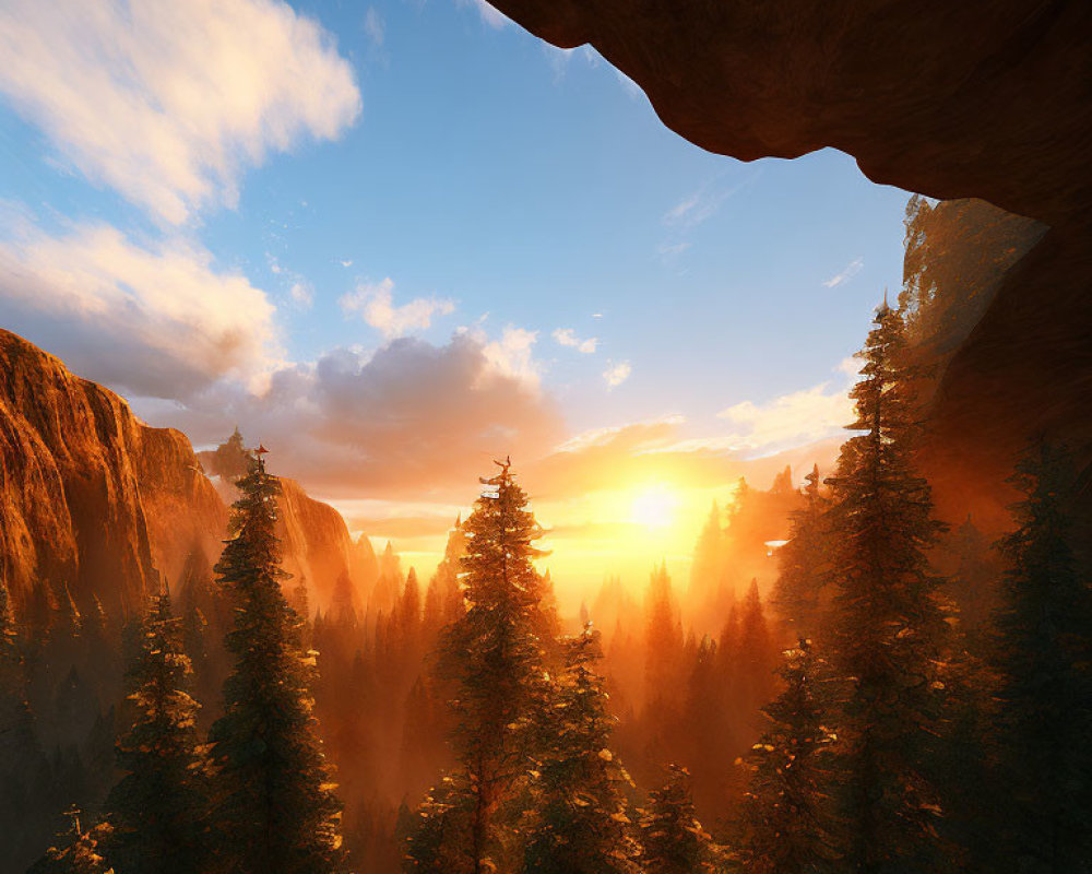 Vibrant sunset view from cave: silhouetted cliffs, dense forest, golden light