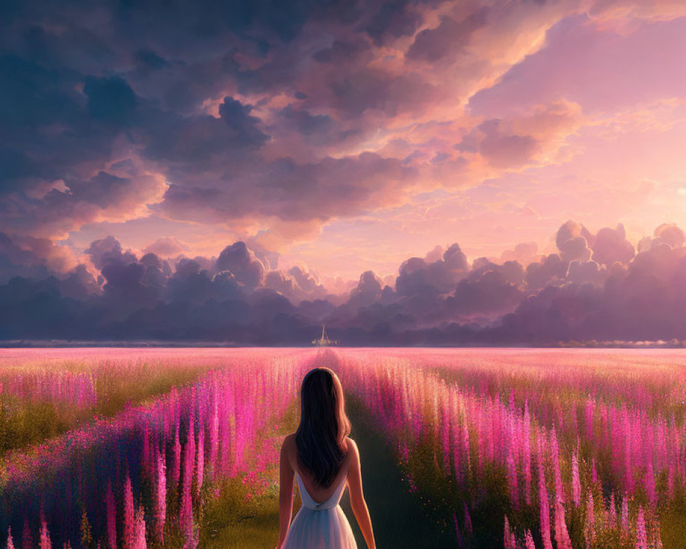 Woman in White Dress in Purple Flower Field at Sunset