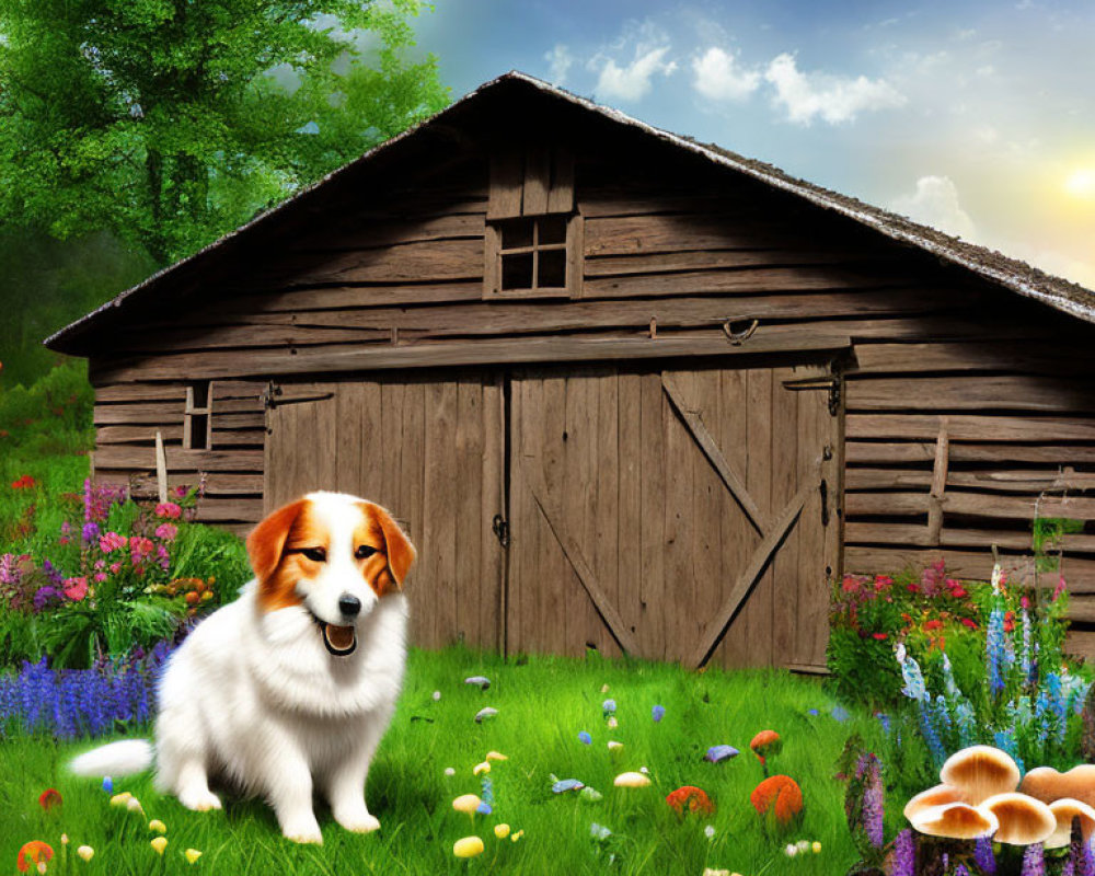 Corgi in front of old wooden cabin with lush greenery