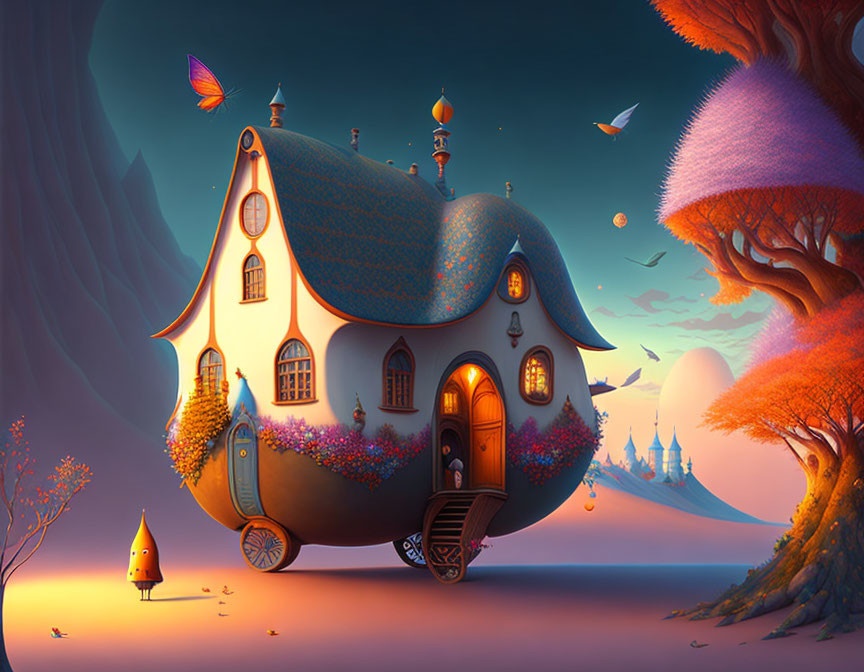 Round blue fantasy house on wheels under purple sky with character, trees, and butterflies.