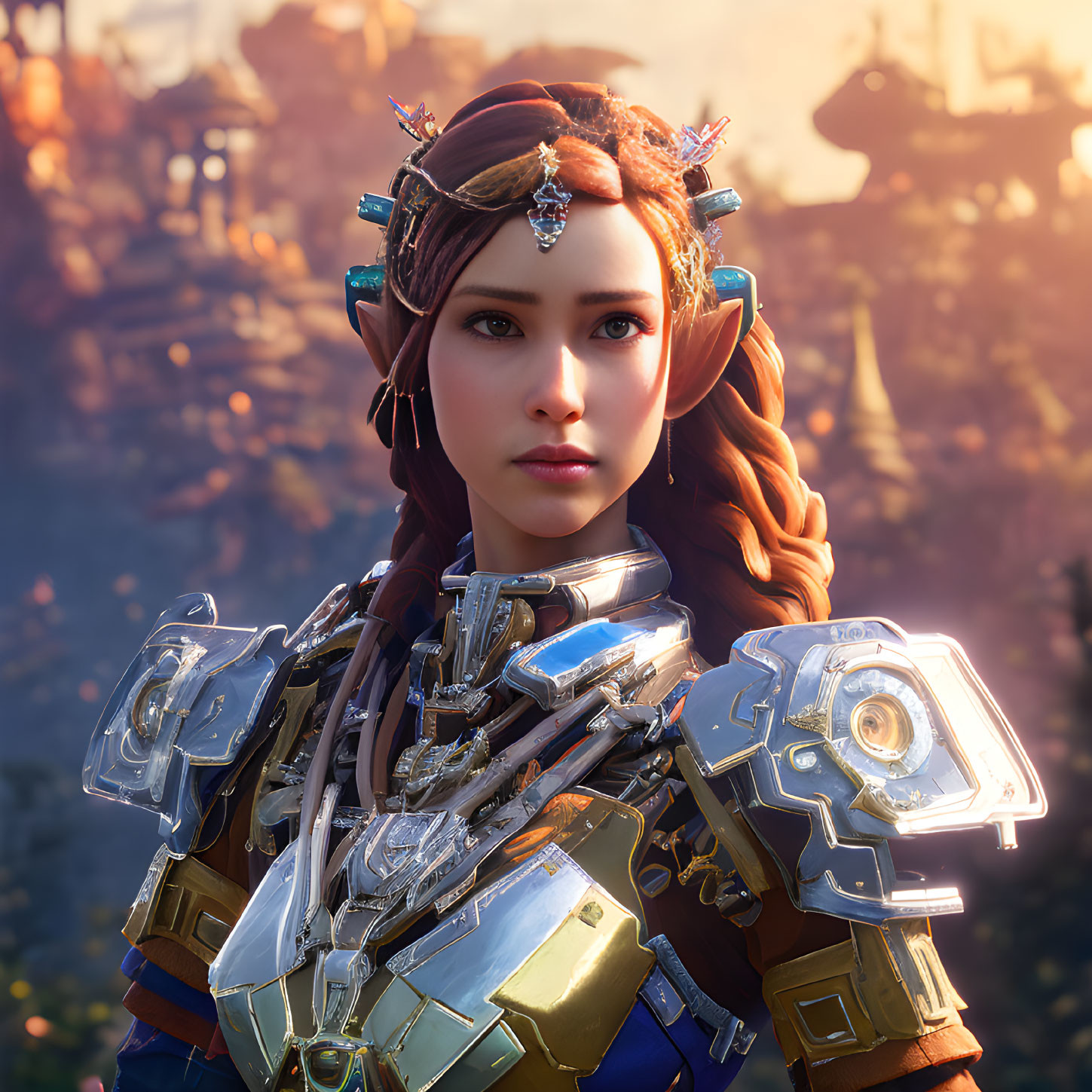 Futuristic female character with intricate armor and serious expression