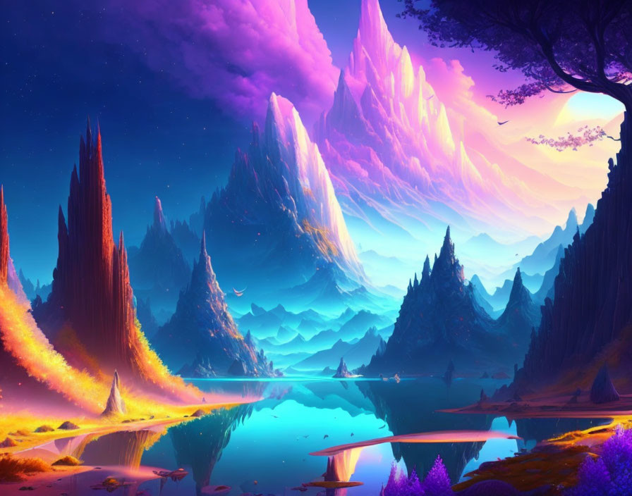 Majestic purple mountains and serene blue lake in vibrant fantasy landscape