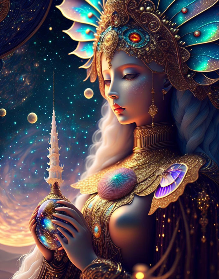 Blue-skinned character with gold headdress holds glowing orb in cosmic scene