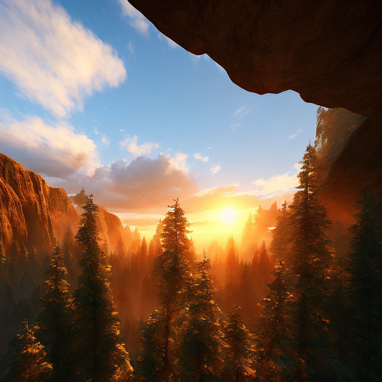 Vibrant sunset view from cave: silhouetted cliffs, dense forest, golden light