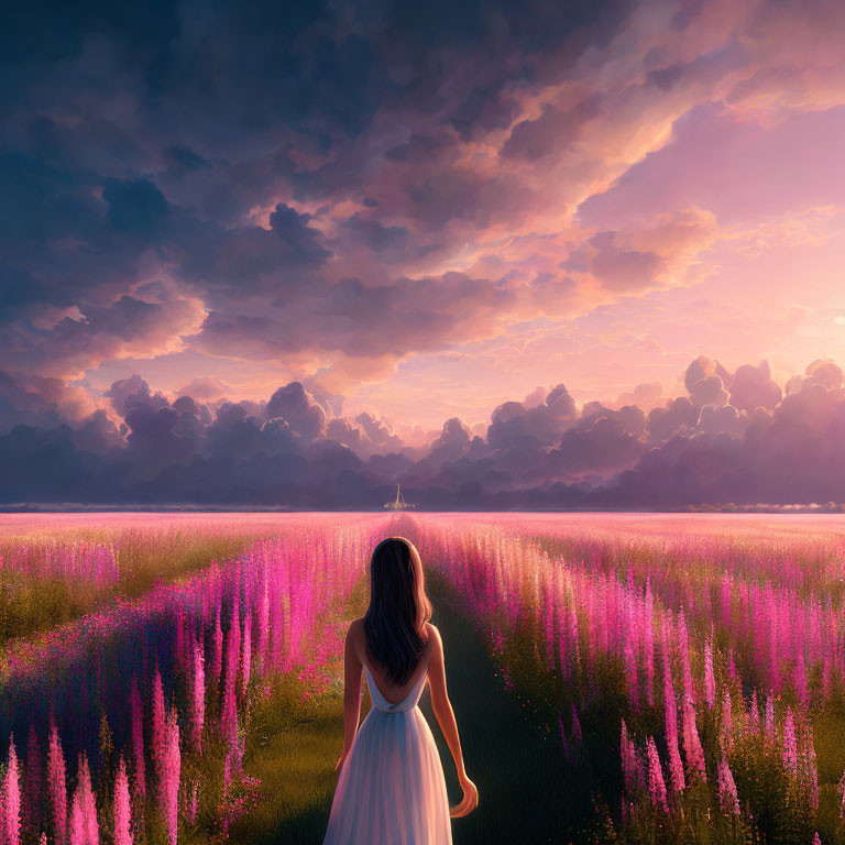 Woman in White Dress in Purple Flower Field at Sunset