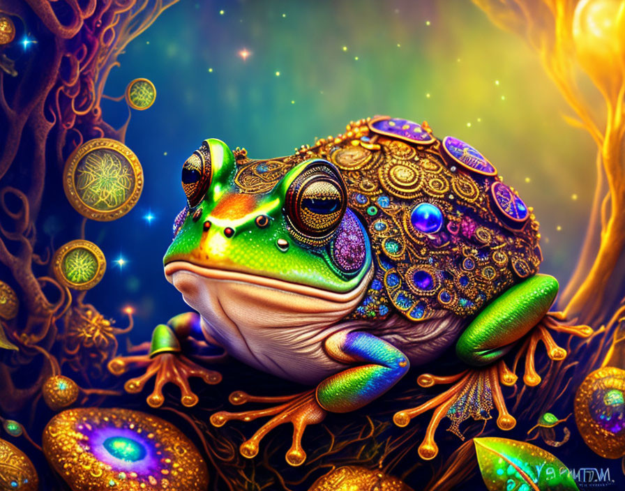 Colorful Psychedelic Frog Illustration with Jewel-like Patterns