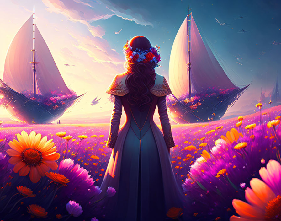 Woman in vintage attire in colorful flower field at sunset with ships on horizon