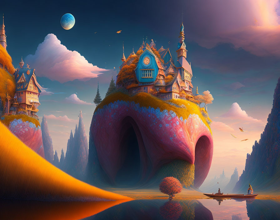 Colorful fairytale castle on giant snail shell in whimsical landscape