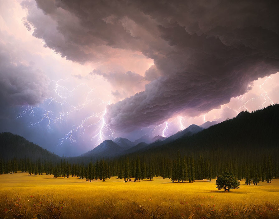 Intense lightning storm over mountain landscape