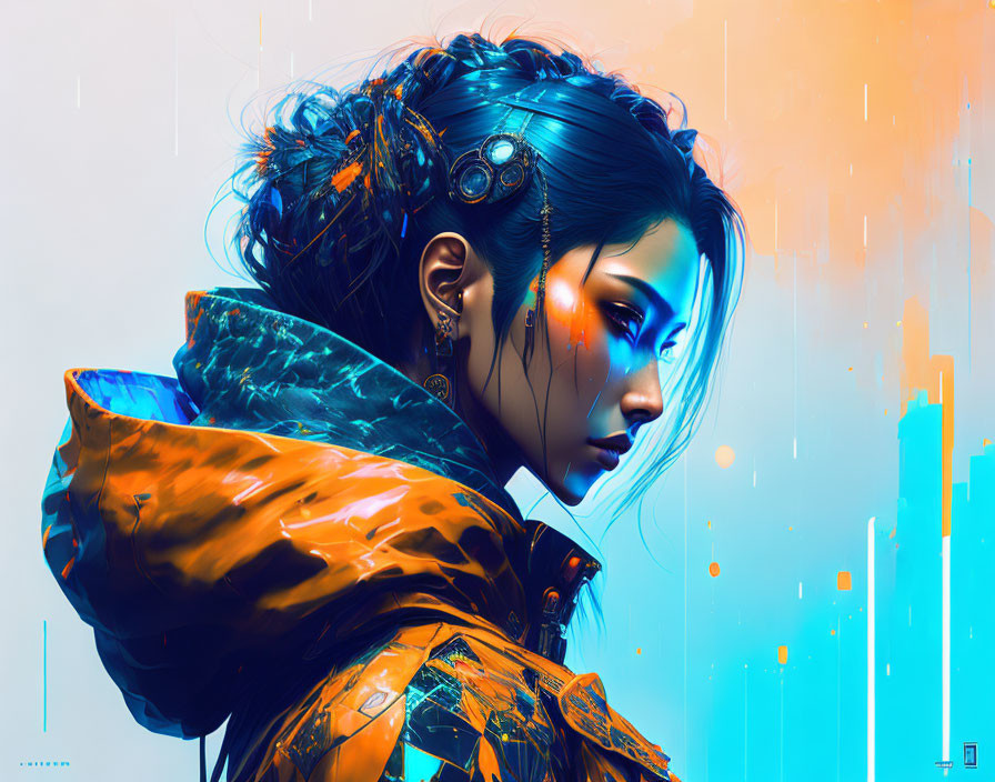 Futuristic digital artwork of woman with cybernetic enhancements