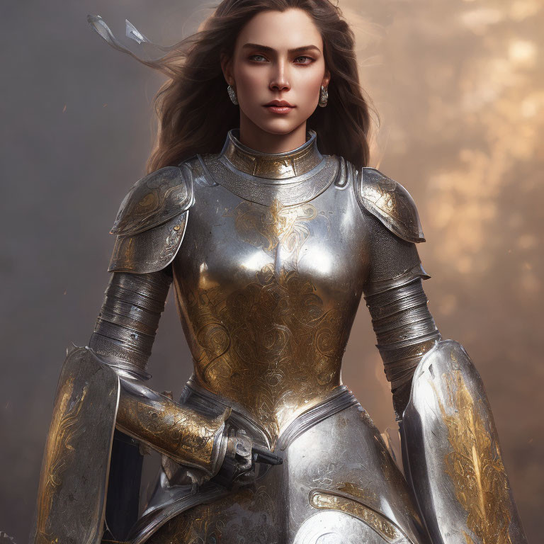 Medieval armor-clad woman in golden patterns against cloudy backdrop