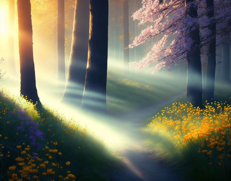 Sunlit forest path with cherry blossoms and wildflowers