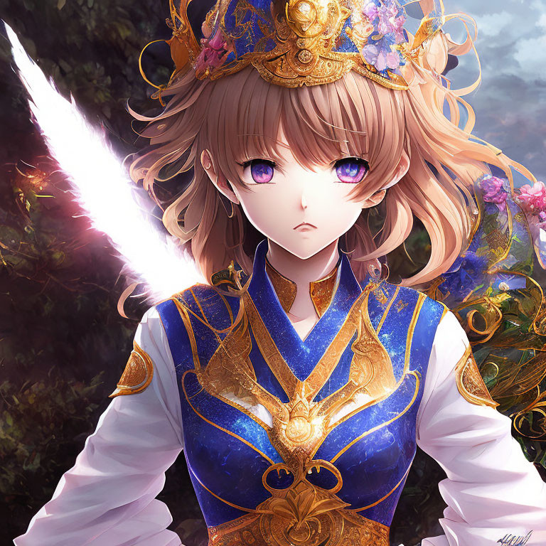 Illustrated character with golden hair, purple eyes, blue & gold outfit, and glowing sword.