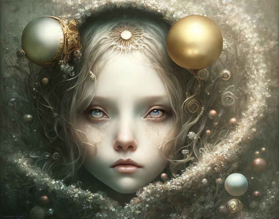 Surreal portrait of young girl with pale skin and floating orbs