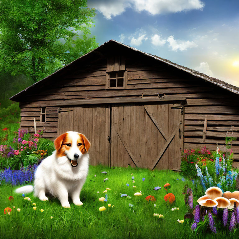 Corgi in front of old wooden cabin with lush greenery